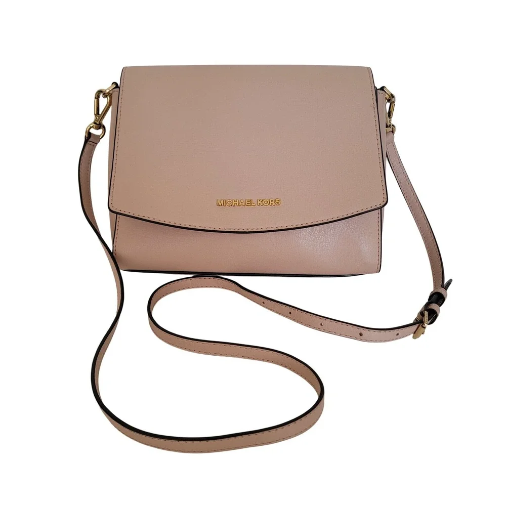 Michael Kors Blush Pink Leather Crossbody Bag Gold Hardware Flap Top Messenger